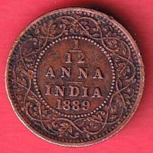 BRITISH INDIA 1889 Victoria Empress 1/12 ANNA COPPER COIN - S5159