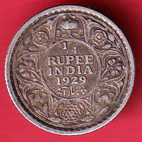 british india 1929 george v 1/4 rupee silver coin :- SA2414