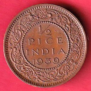 BRITISH INDIA 1939 GEORGRE VI KING 1/2 PICE COPPER COIN – va3952