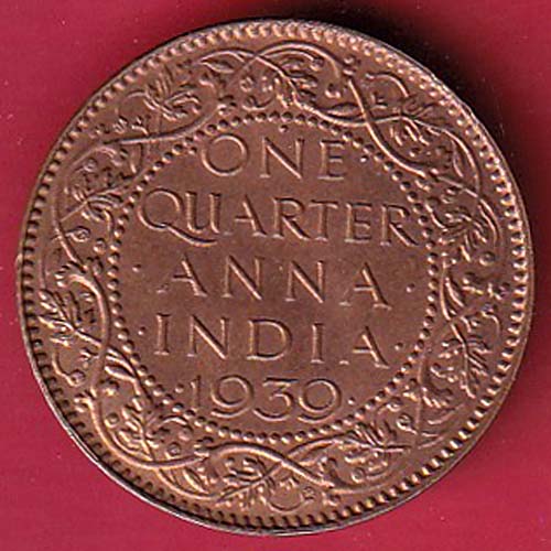 British India George VI 1939 One Quarter Anna copper coin– S6846