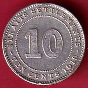 Rare 10 Cents 1919  Coin of George V Straits Settlements British India  Coin:- SA3398
