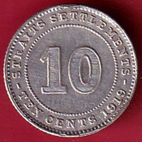 Rare 10 Cents 1919  Coin of George V Straits Settlements British India  Coin:- SA3398