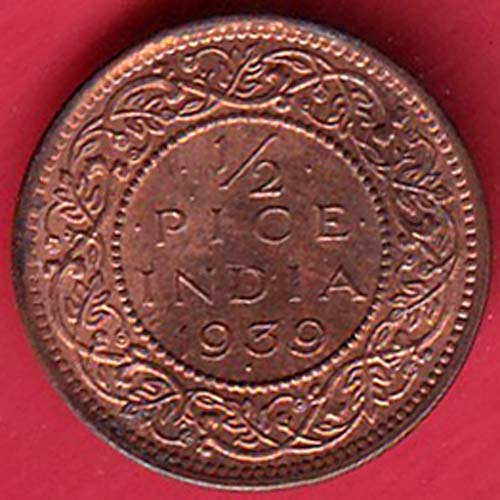 BRITISH INDIA 1939 GEORGRE VI KING 1/2 PICE COPPER COIN:- SA3400