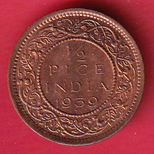 British India 1939 george vi 1/2 pice copper coin - S7294