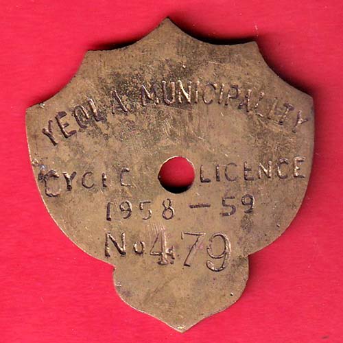 CYCLE TOKEN: YEOLA MUNCIPALITY CYCLE LICENSE 1958-59 NO. 479 - sa3726