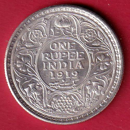 "UNC" BRITISH INDIA 1919 GEORGE V KING ONE RUPEE SILVER COIN-SA3778