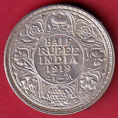 BRITISH INDIA 1919 GEORGE V KING bombay mint HALF RUPEE SILVER COIN - FEH95