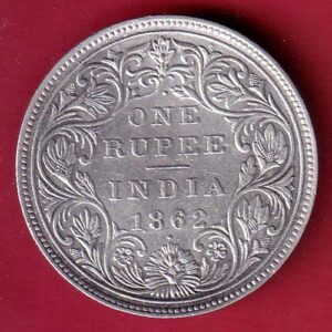BRITISH INDIA “1/1 DOTS ” 1862 VICTORIA QUEEN ONE RUPEE SILVER COIN - FEH294