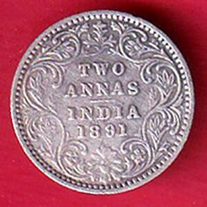 British India 1891 Victoria Empress Two anna silver coin- S8041