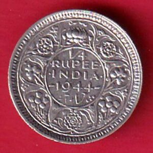 BRITISH INDIA 1944 BOMBAY MINT 1/4 RUPEE SILVER COIN-Sa4013