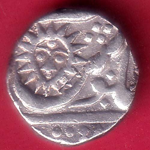 INDORE STATE SUN FACE ah1272  INO SHAH ALAM II MALHAR RAO HALF RUPEE SILVER– HB214