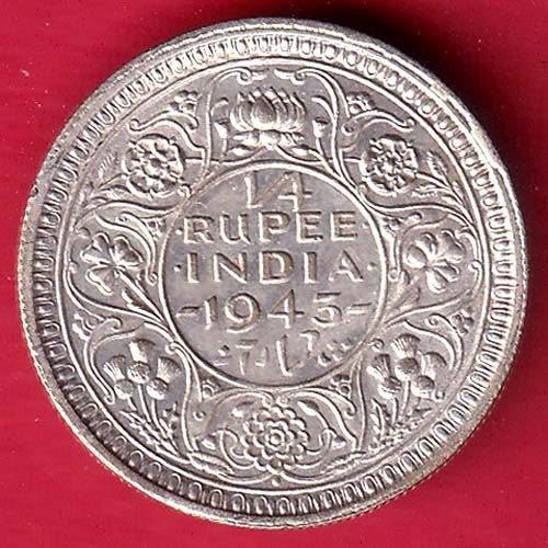 BRITISH INDIA 1943 BOMBAY MINT GEORGE VI 1/4 RUPEE BEAUTIFUL SILVER COIN  – HB172