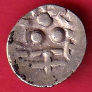 Chach dynasty of Multan, shri Tapanasa ( 7th century AD) silver Damma 0.65 gm, ccrowned bust of the king facing right, Rev. Three pellets with Brahmi legend shri tapana small silver coin– HB10