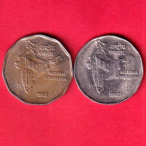 "aunc" republic india 1993 culcutta mint 2 rupees coin  – HB128