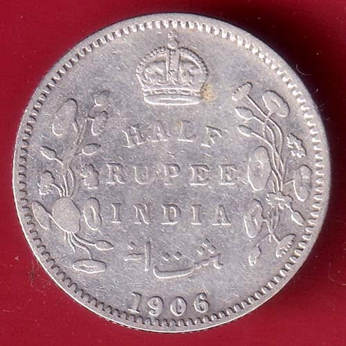 British India Edward VII 1906 Half Rupee Silver Coin– HB218
