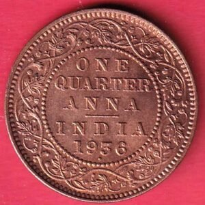 "UNC" BRITISH INDIA 1936 GEORGE V KING EMPEROR ONE QUARTER ANNA COPPER COIN– HB234