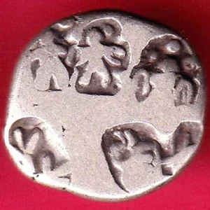 "3 human figure" ancient mauryan period ashoka 600 bc silver punchmark coin– HB311