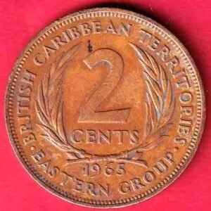 WORLD COIN : Eastern Caribbean States 1965 TWO Cent Queen Elizabeth II COPPER COIN– HB315