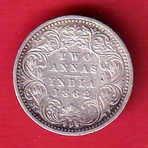 british india 1862 victoria queen two annas silver coin - HB33