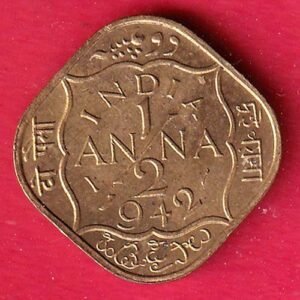"unc" BRITISH INDIA 1942 GEORGE VI 1/2 ANNA COIN– HB380
