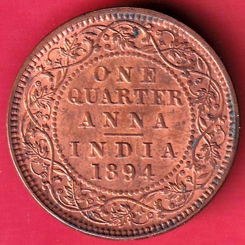 "UNC"  BRITISH INDIA 1894 VICTORIA EMPRESS ONE QUARTER ANNA COPPER COIN  :-HB596