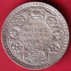 British India 1943 Bombay Mint George Vi half Rupee SILVER COIN – HB493