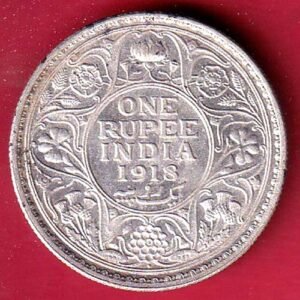 "AUNC" British India 1918 George V King bombay mint One Rupee silver coin– HB536