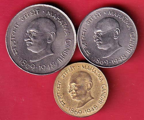 "UNC" 3 COINS SET: 1869-1948 REPUBLIC INDIA ONE RUPEE, HALF PAISA, 20 PAISA  – HB551