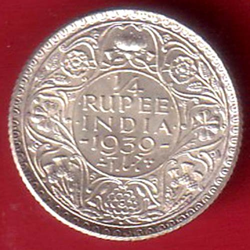 "UNC" BRITISH INDIA 1939 GEORGE VI 1/4 RUPEE SILVER COIN  "UNC" – HB579